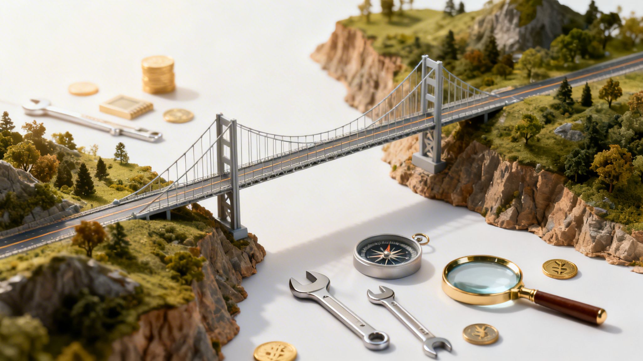 A conceptual diorama of a bridge connecting two cliffs with tools, coins, and a compass nearby.