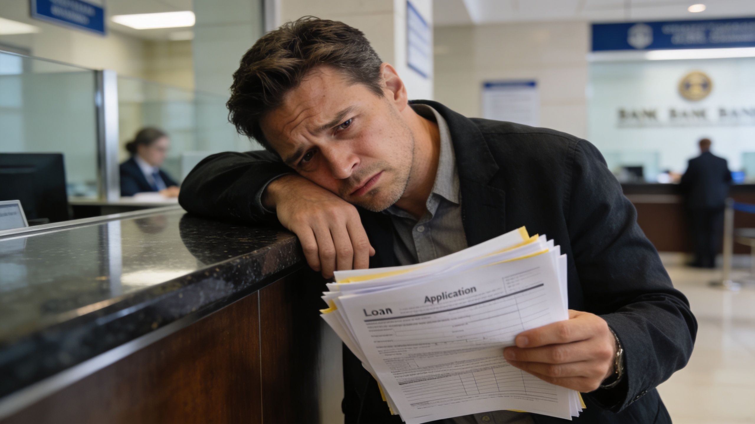 A weary-looking man in a suit leans on a bank counter while holding a loan application document.