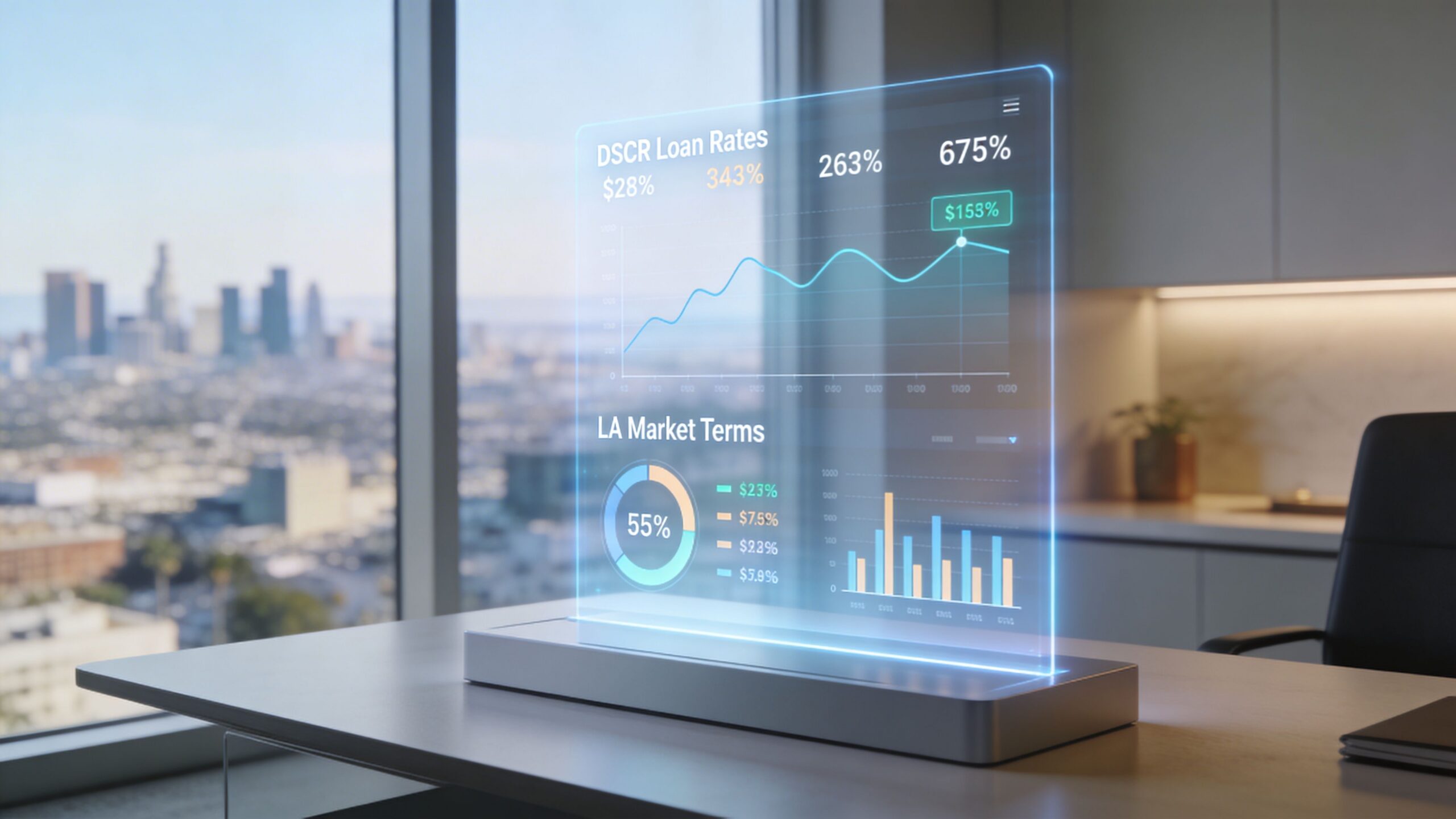 A futuristic glass display on a desk showing DSCR loan rates and Los Angeles market terms data.