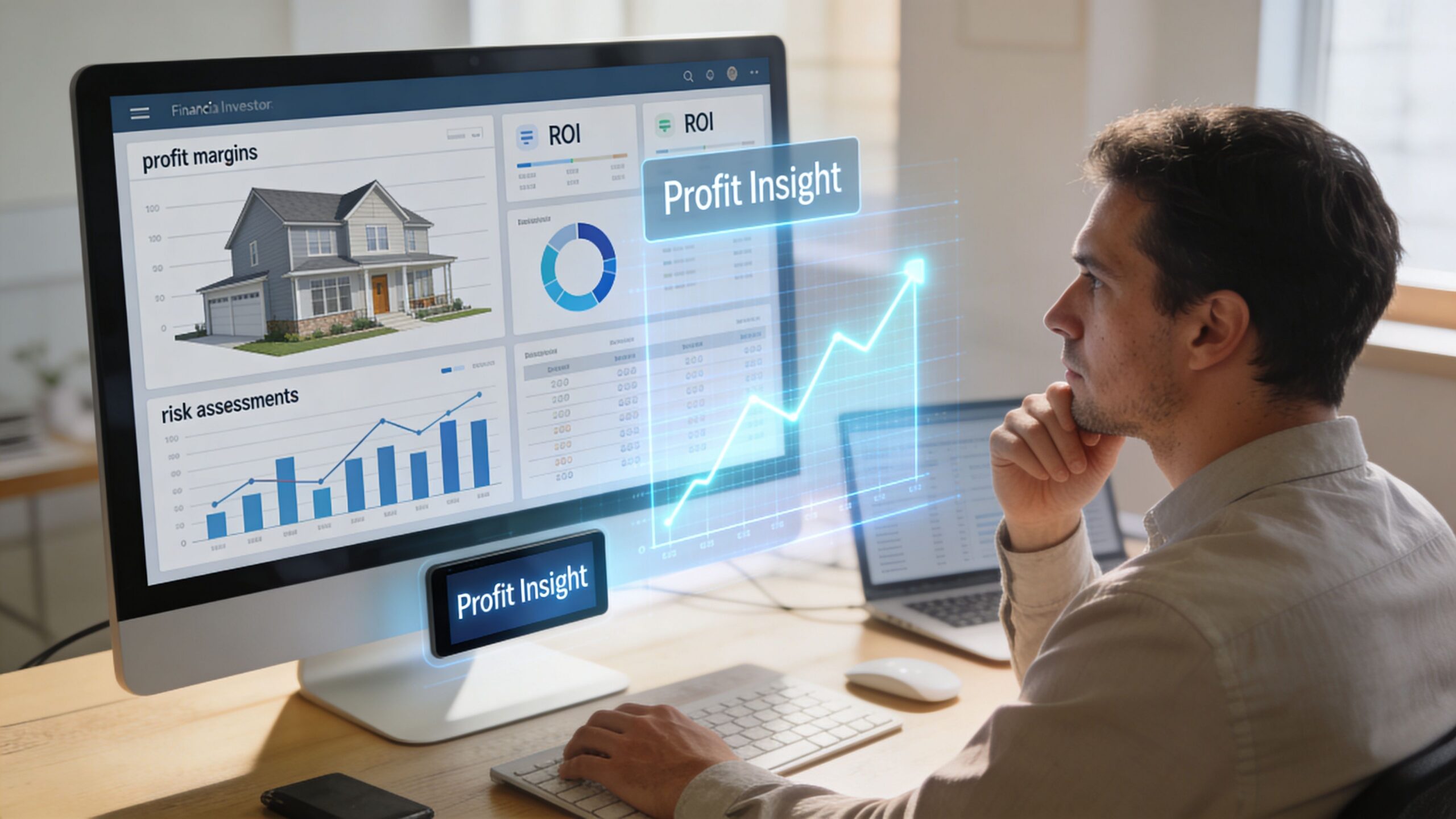 A professional analyzing financial data and profit margins on a computer screen for a real estate investment.
