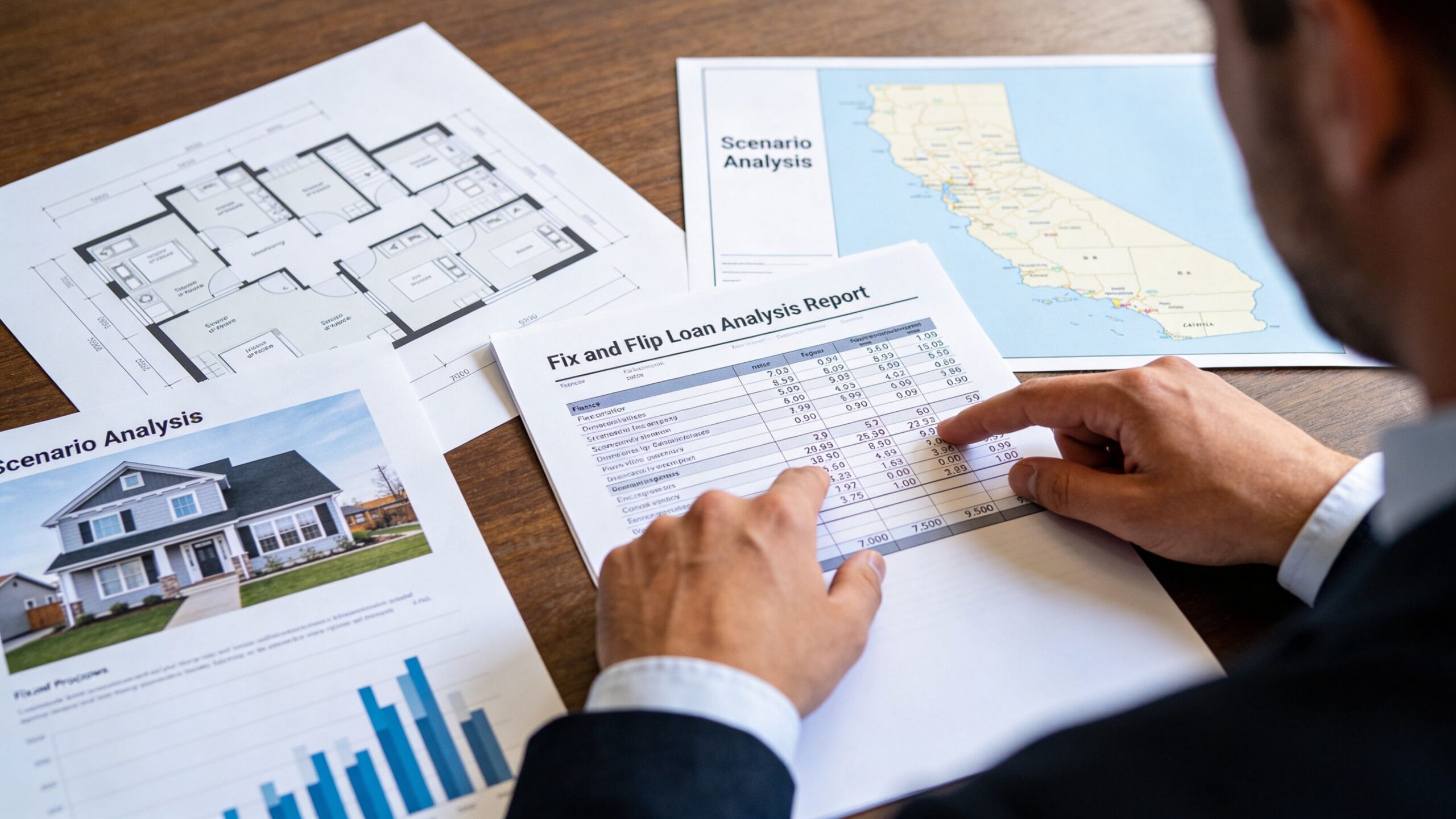 A professional analyzing a fix and flip loan report on a wooden desk with house blueprints and maps.