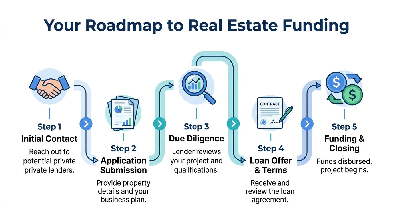 A five-step roadmap infographic explaining the process of obtaining private money funding for real estate projects.