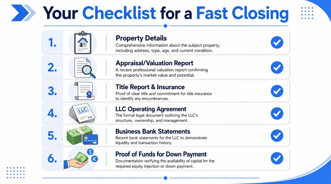A checklist for real estate closing showing six essential documents required for LLC property loan applications.