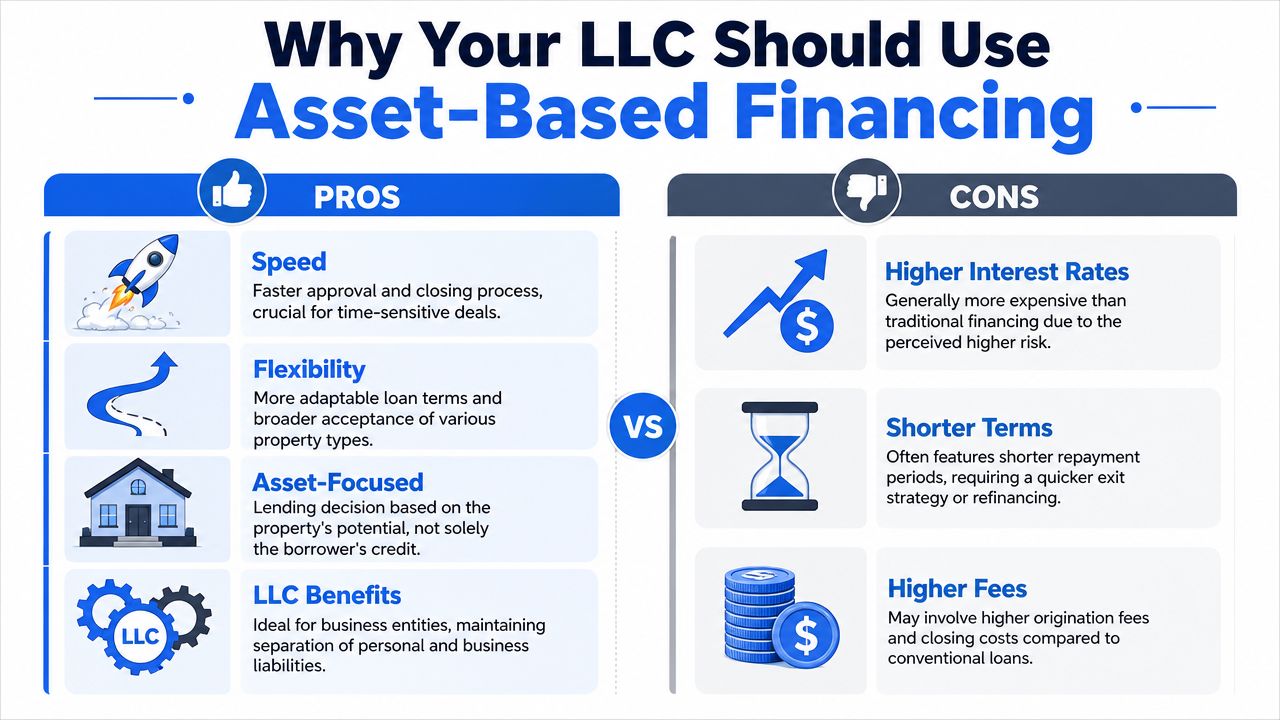 A comparison infographic showing the pros and cons of asset-based financing for real estate LLCs.