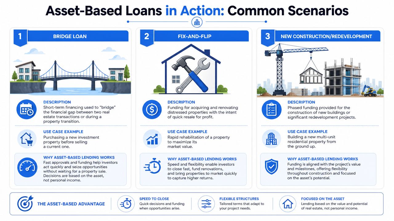 An infographic illustrating three common scenarios for asset-based real estate loans, including bridge loans, fix-and-flip, and new construction.