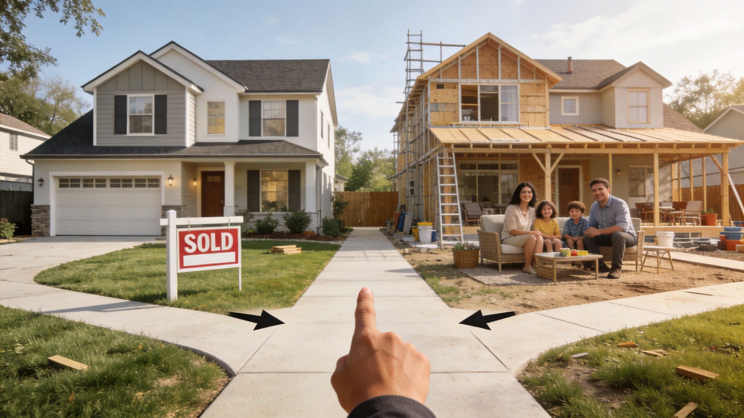 A person points toward a finished sold home and a house under construction representing mortgage options.