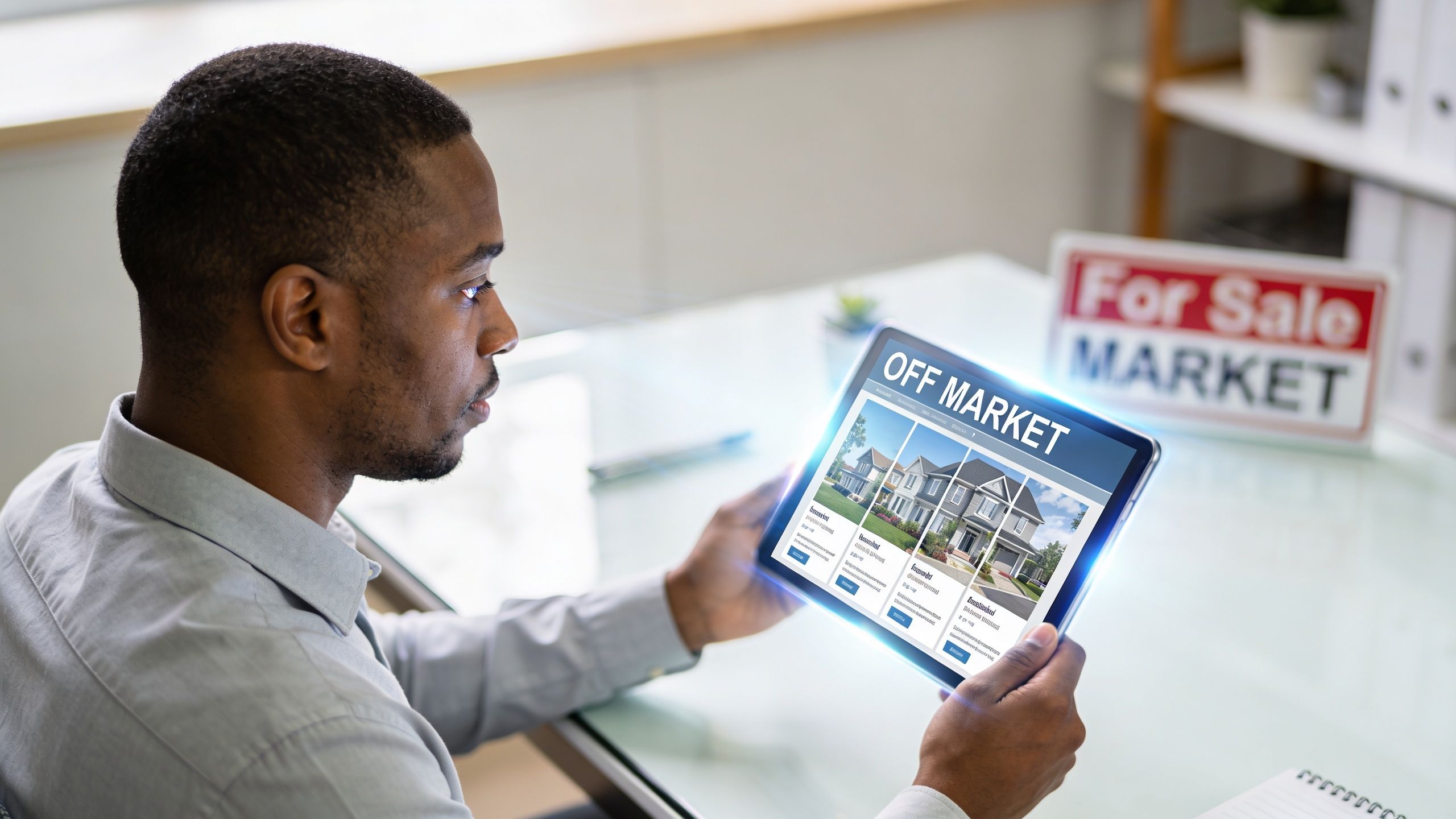 A professional man holding a tablet displaying off market real estate listings at his office desk.