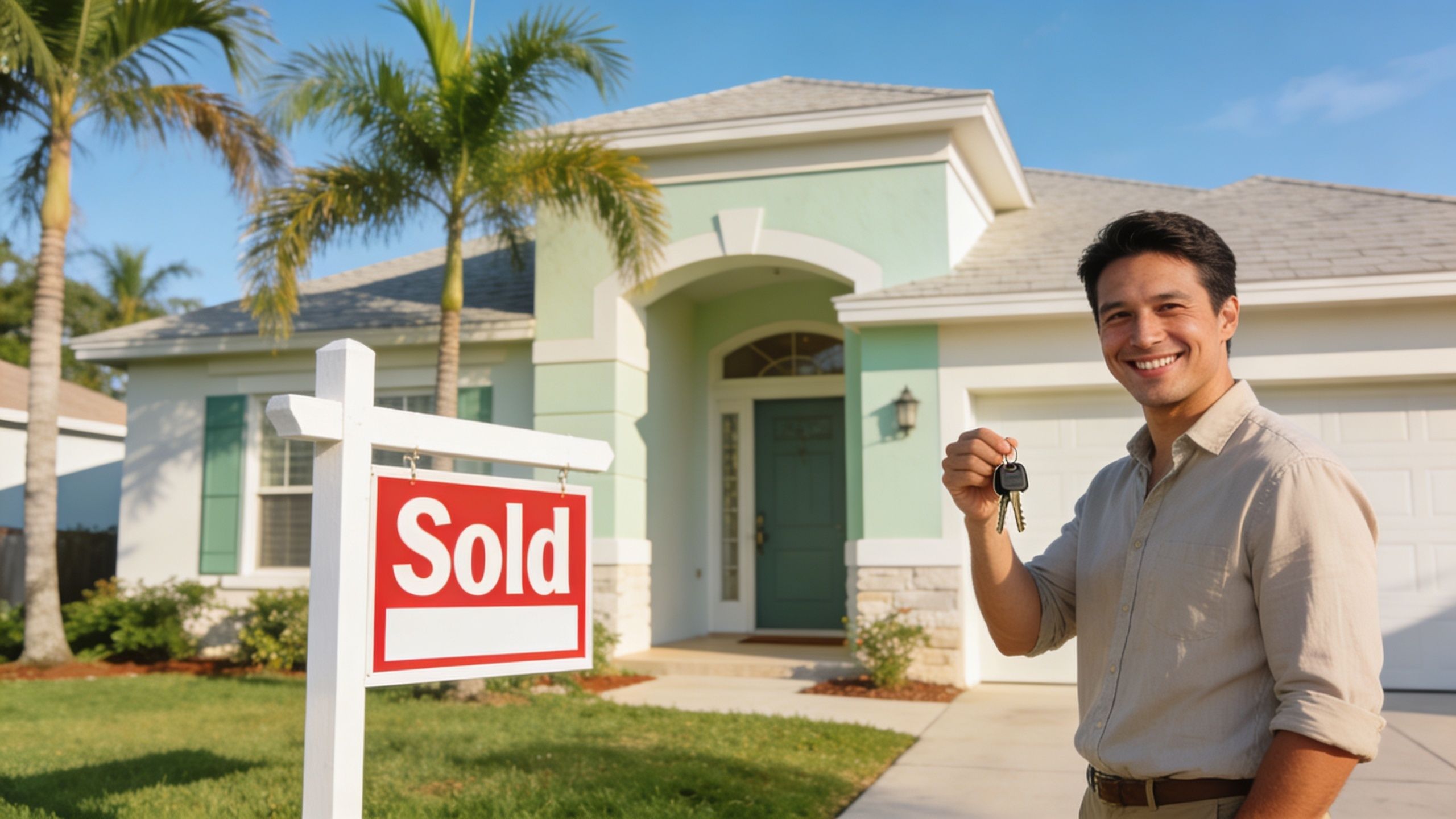 A smiling man holding keys in front of a recently sold suburban house in Florida.