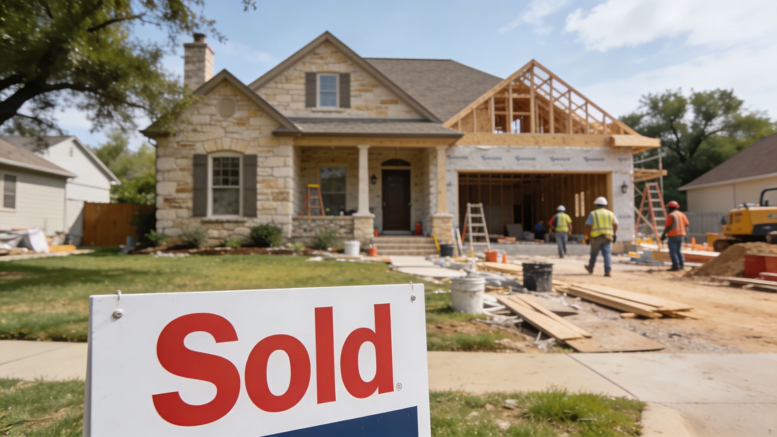 A house under construction with a large sold sign in the foreground and workers at the site.