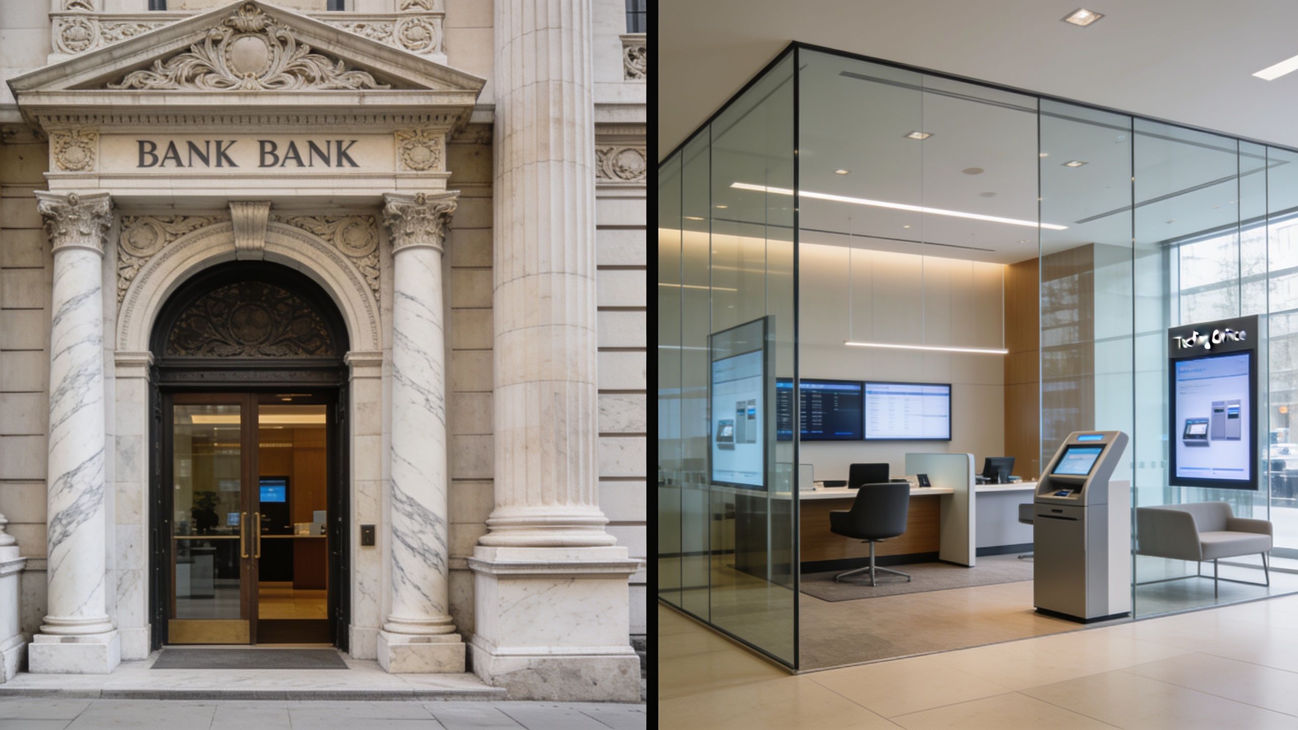 A split-screen view showing a classical marble bank entrance on the left and a modern glass-enclosed office interior.