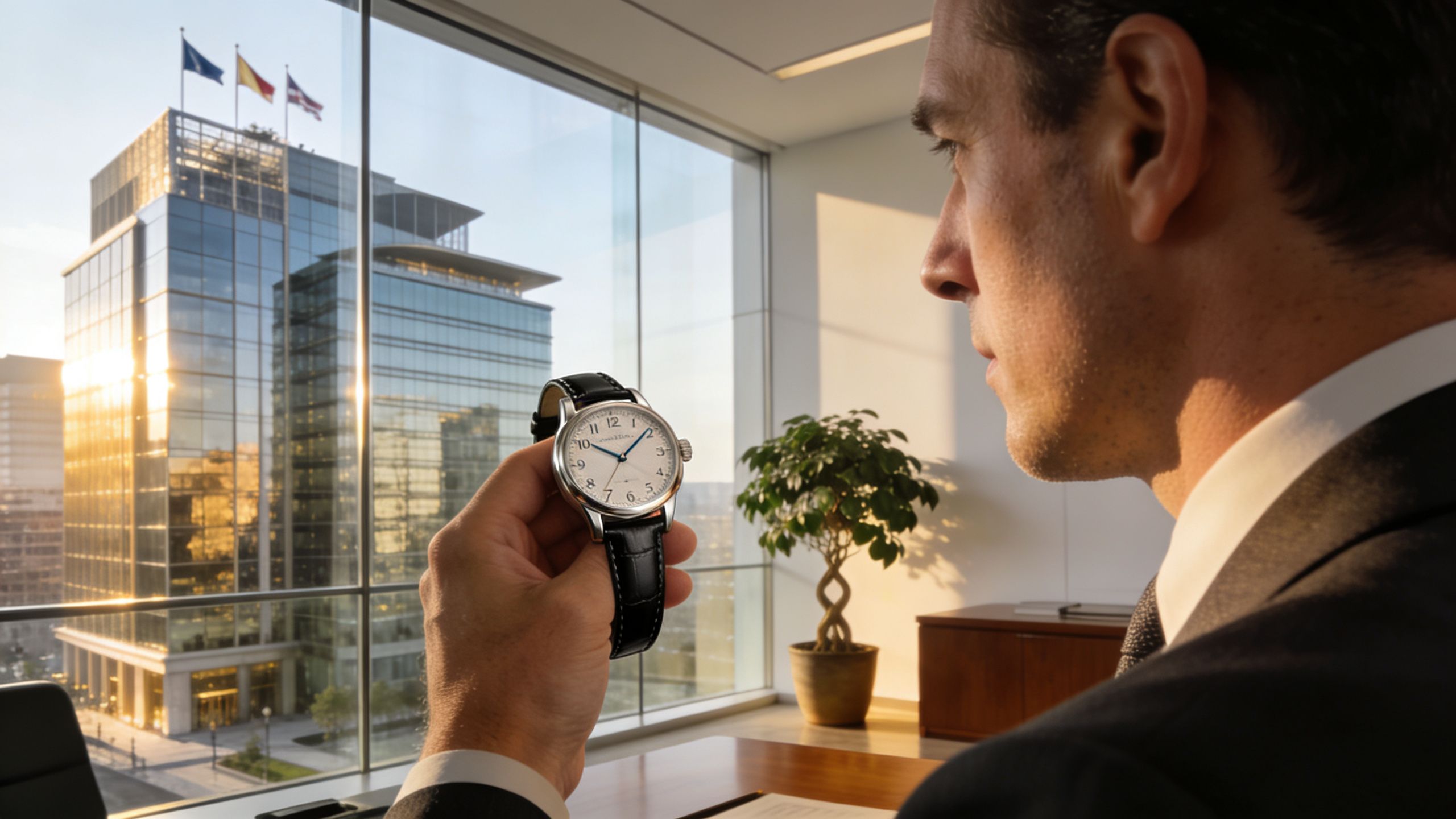 A professional man in a suit looks at a luxury wristwatch in a modern corporate office setting.