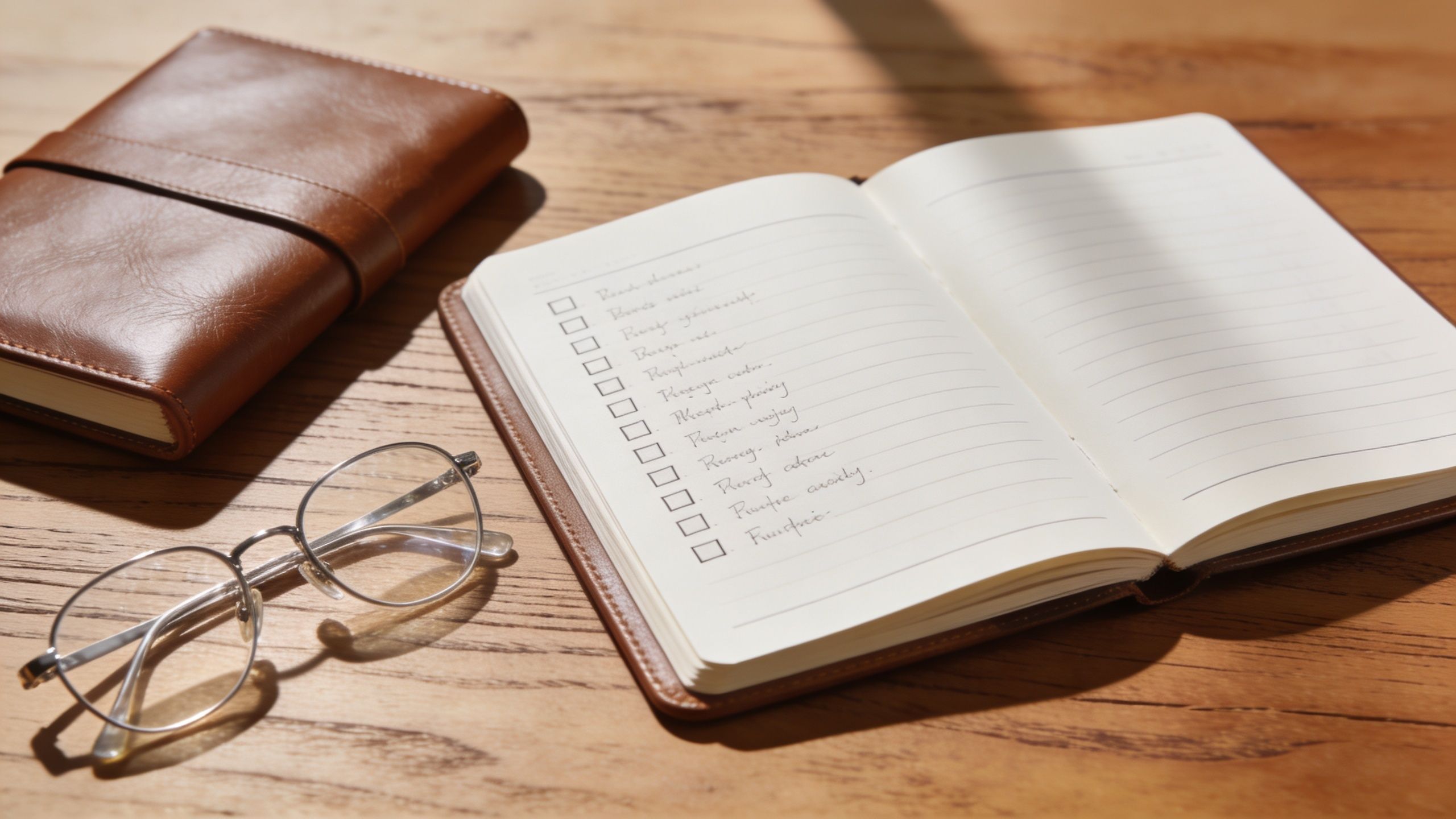 An open notebook with a checklist, glasses, and a closed journal resting on a wooden desk.