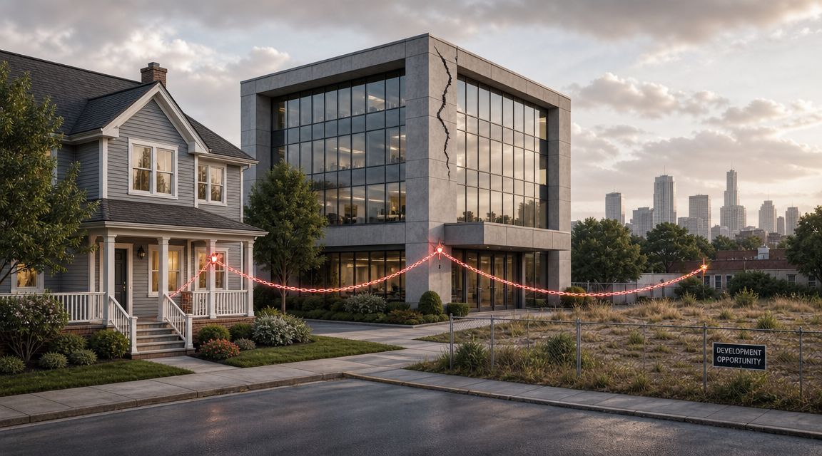 A house and office building connected by a glowing red chain with a development opportunity sign nearby.