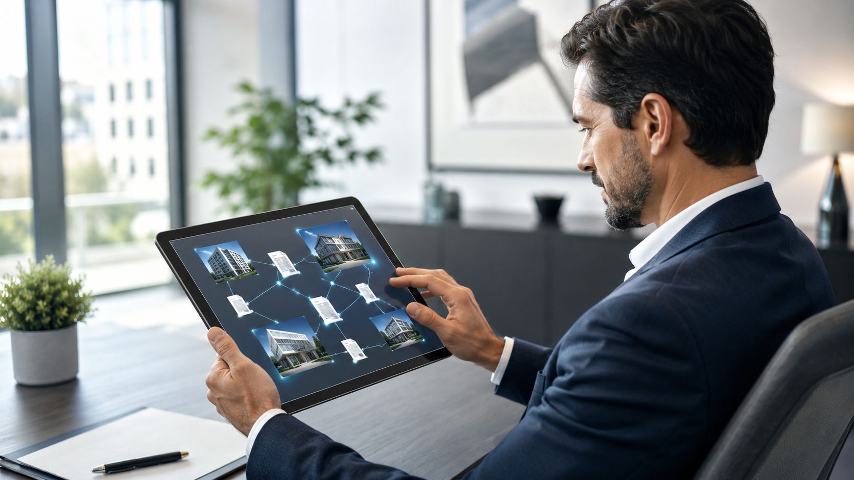 A professional man using a tablet to review linked real estate properties and documents in an office.