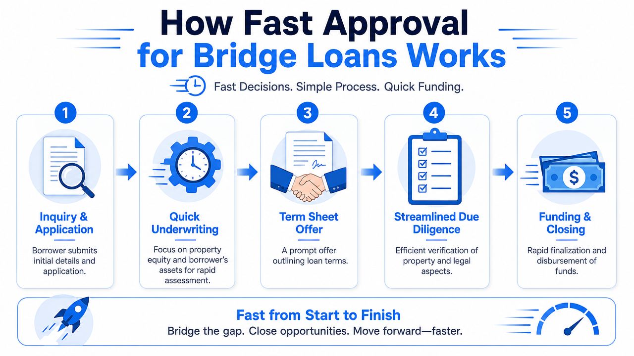 A five-step infographic showing the rapid process of applying for and receiving a bridge loan.