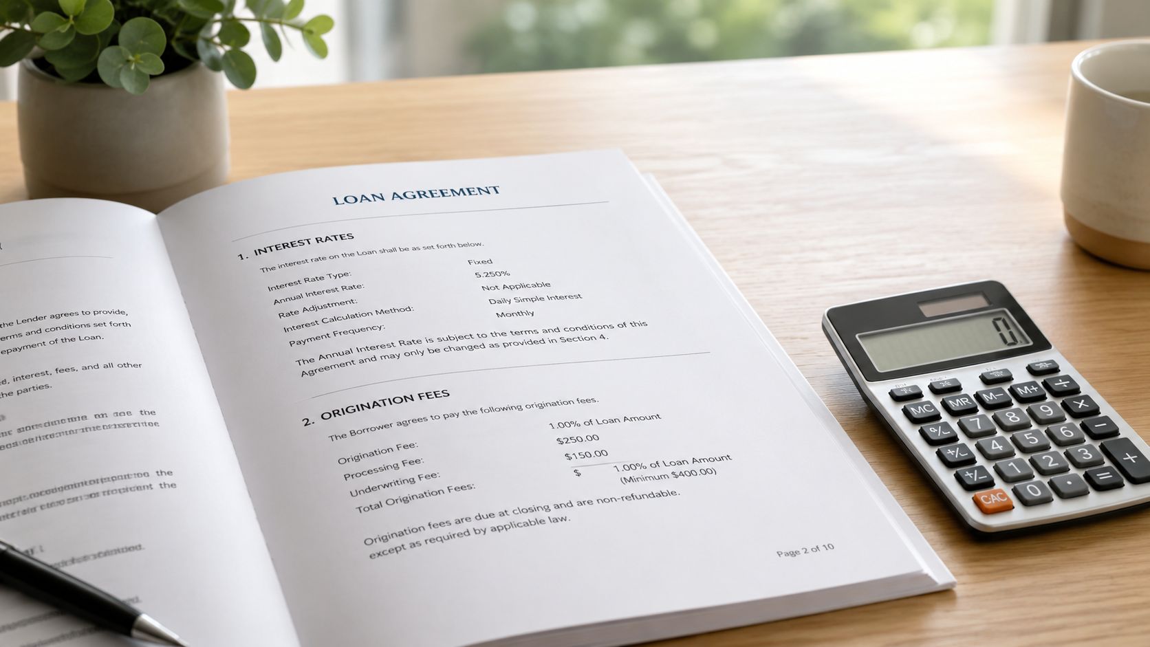 A document titled Loan Agreement resting on a wooden desk next to a calculator and plant.