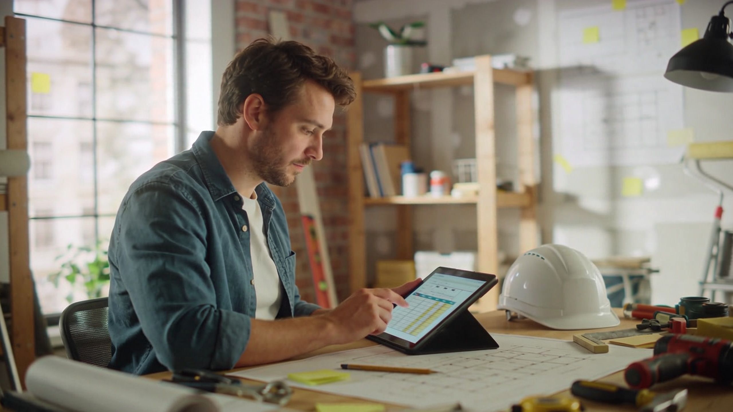 A professional construction project manager reviewing building plans on a digital tablet at his workspace.