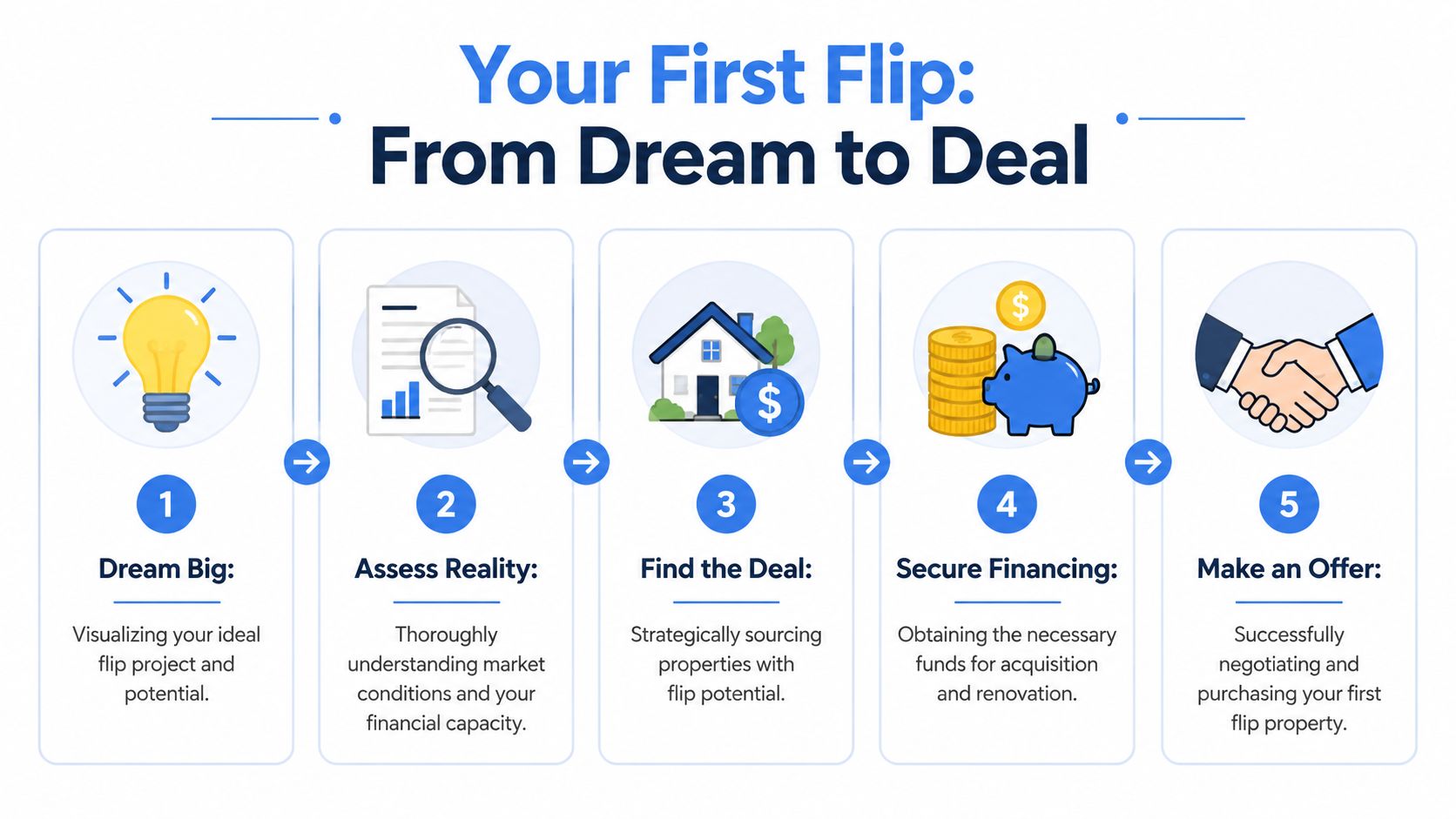 A five-step infographic showing the process for first-time home flippers from dreaming to making an offer.