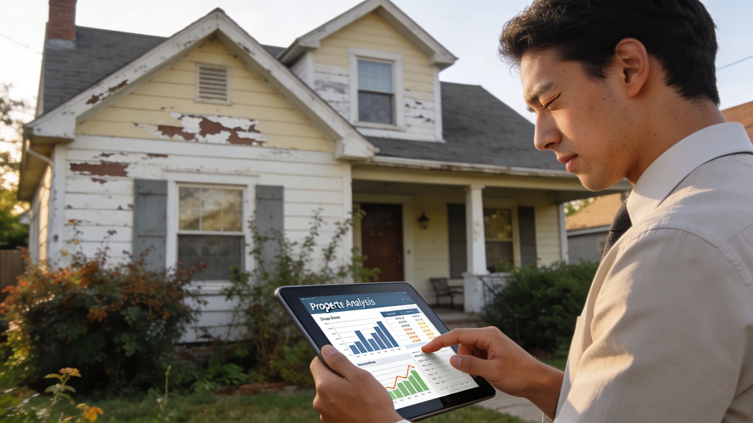 A real estate investor examines financial data on a tablet while standing in front of a fixer-upper house.