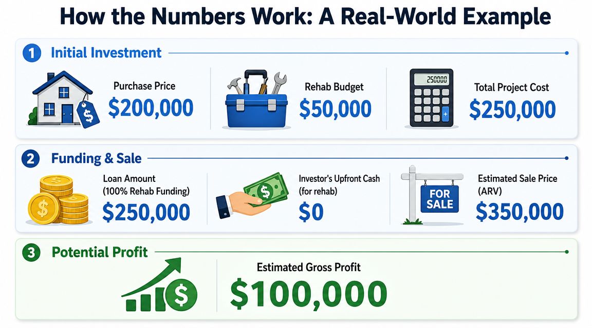 An infographic showing a real-world example of profit calculation for fix and flip real estate investments.