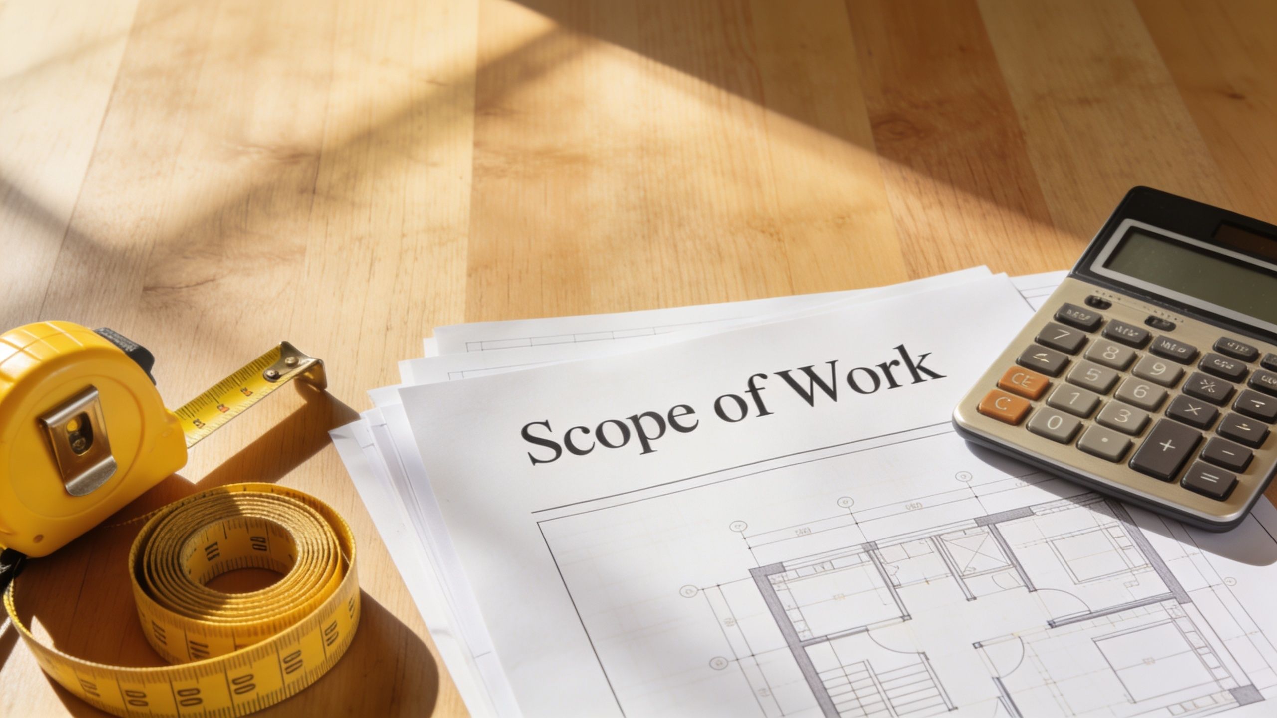 A tape measure and calculator sit on blueprints for a home renovation project on a wooden table.
