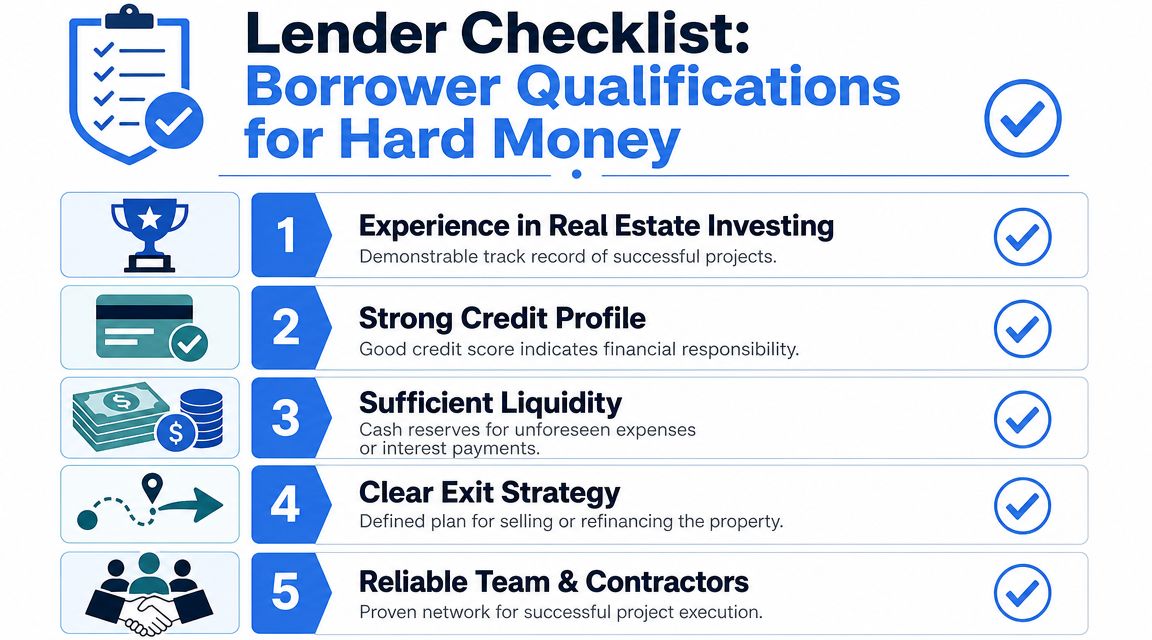 A checklist showing five key borrower qualifications required to obtain hard money real estate loans.