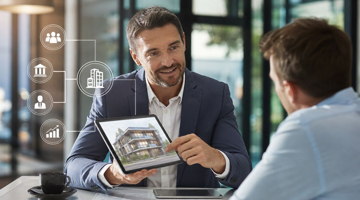 A professional real estate consultant showing a modern apartment building project on a digital tablet to a client.