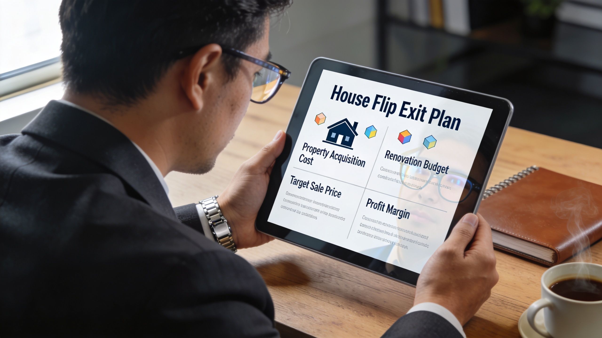 A professional man holding a tablet displaying a house flip exit plan strategy for real estate investing.