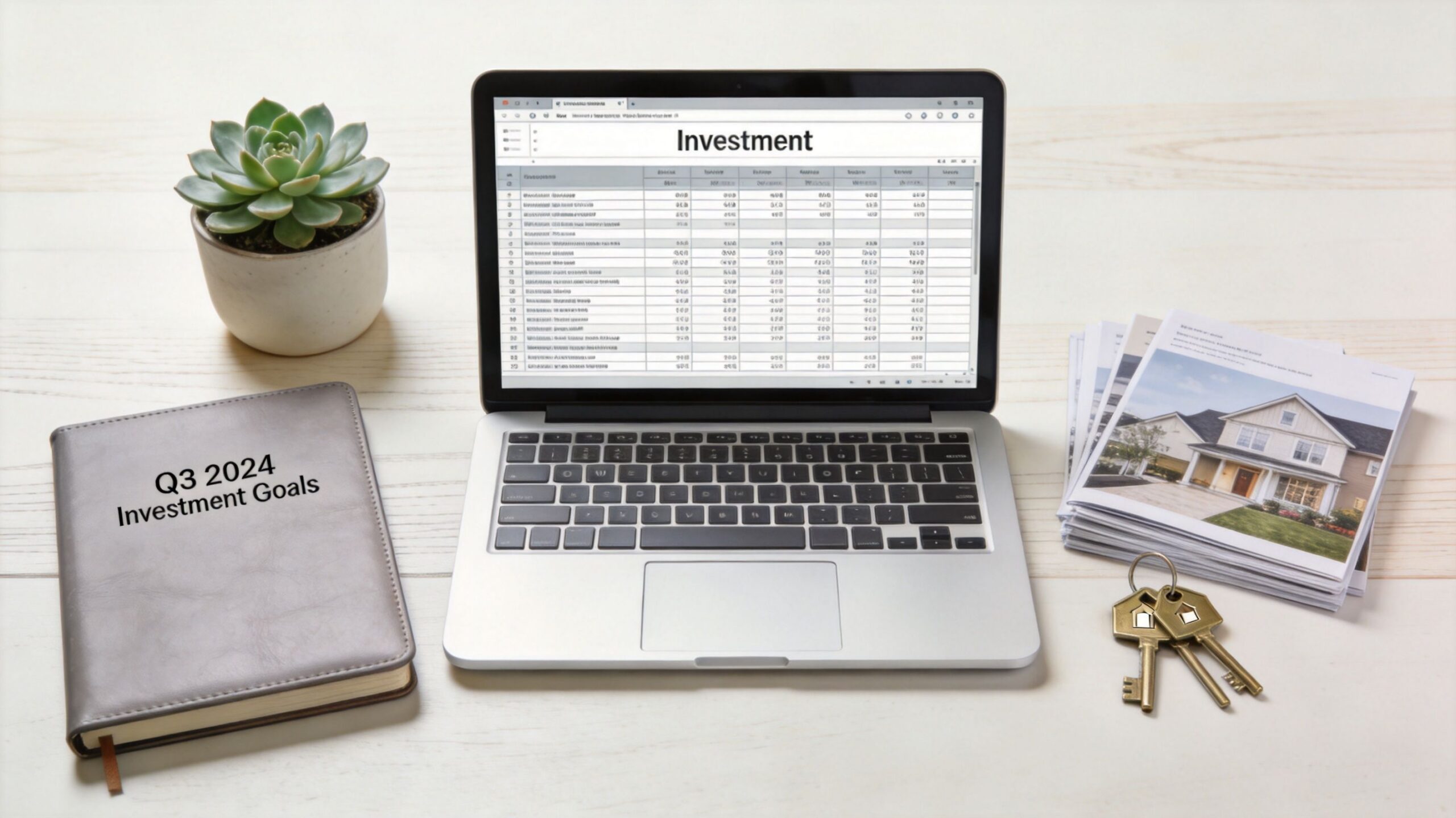 A laptop showing investment data on a desk with a notebook, succulent plant, and house keys.