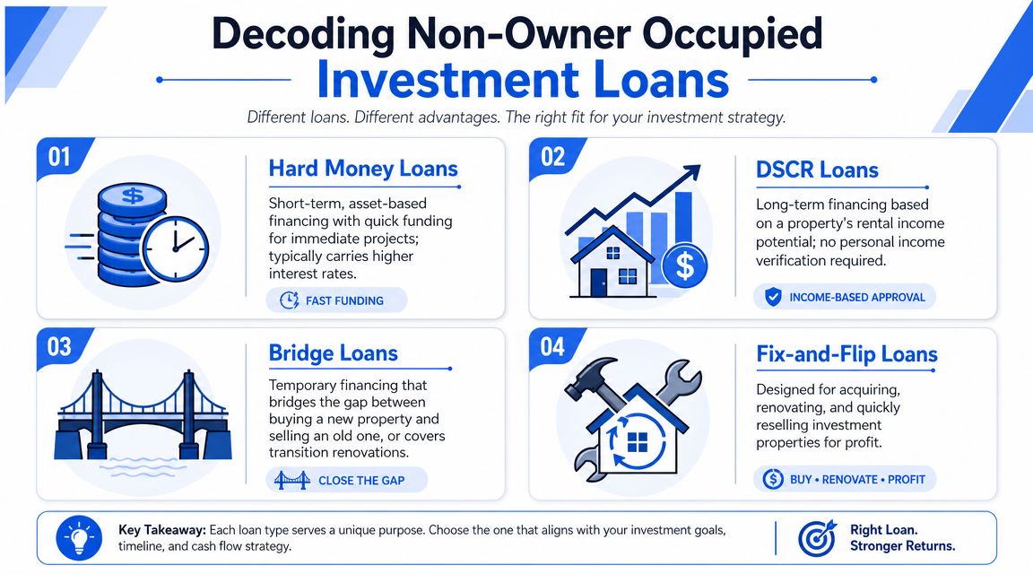 An infographic titled Decoding Non-Owner Occupied Investment Loans detailing four types: Hard Money, DSCR, Bridge, and Fix-and-Flip.
