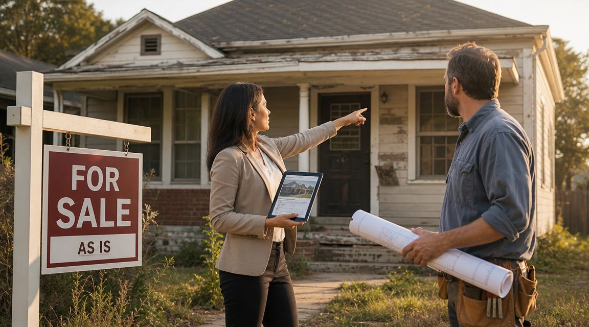 A real estate agent showing a project house to a contractor holding blueprints for potential renovations.