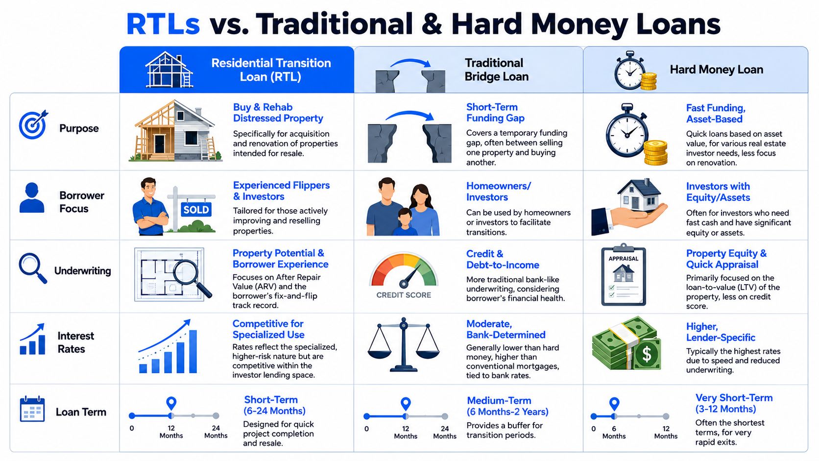 A comparison chart outlining the differences between Residential Transition Loans, Bridge Loans, and Hard Money Loans for investors.
