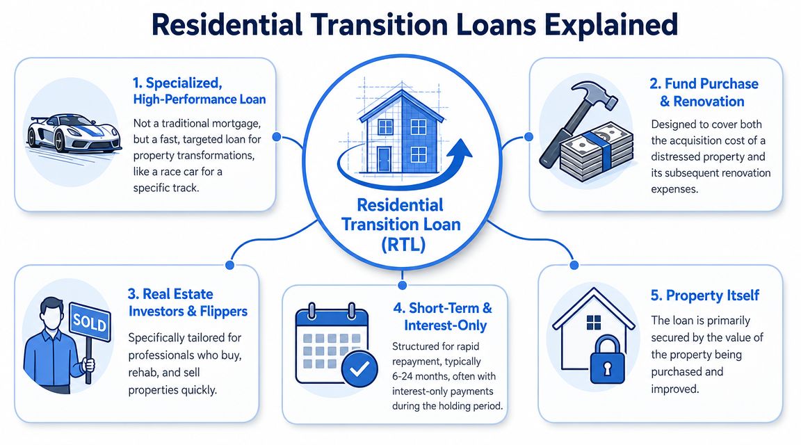 An infographic explaining residential transition loans designed for real estate investors and property flippers.