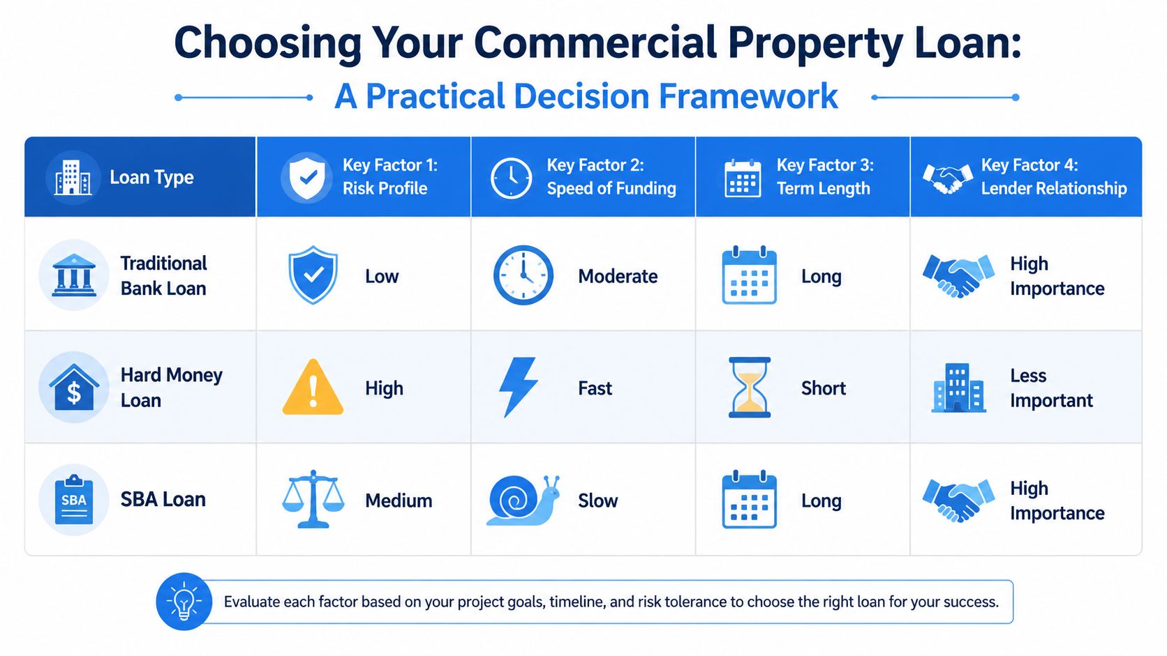 A decision framework table comparing Traditional Bank Loans, Hard Money Loans, and SBA Loans for commercial property.