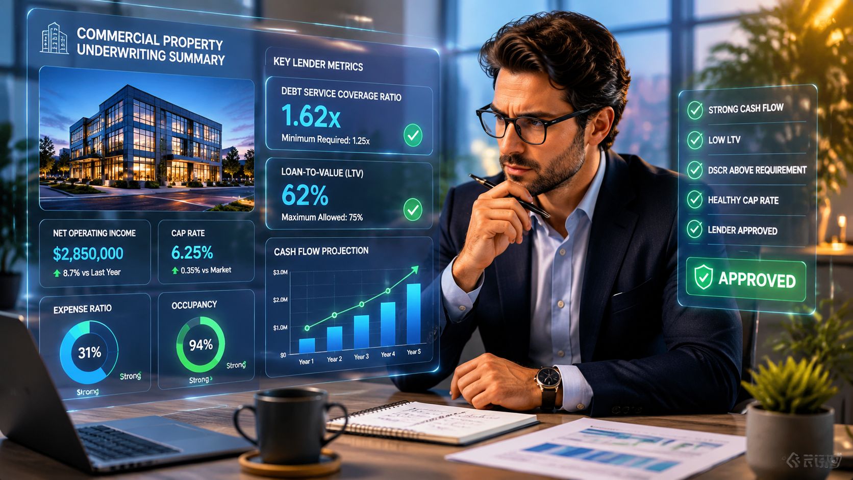 A professional analyzing commercial property investment loan metrics on a digital holographic dashboard in an office.
