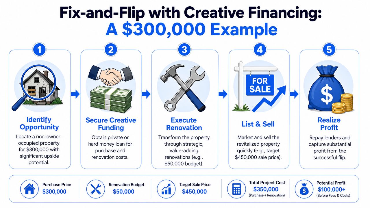A step-by-step infographic illustrating the fix-and-flip real estate process using creative financing strategies.