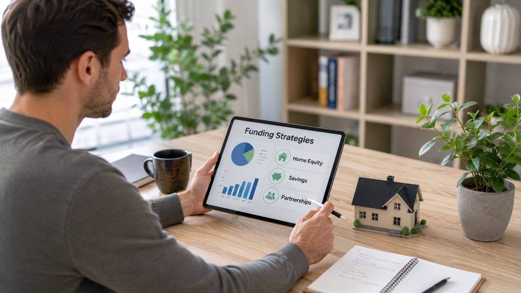 A man reviewing investment property funding strategies on a digital tablet at his home office desk.
