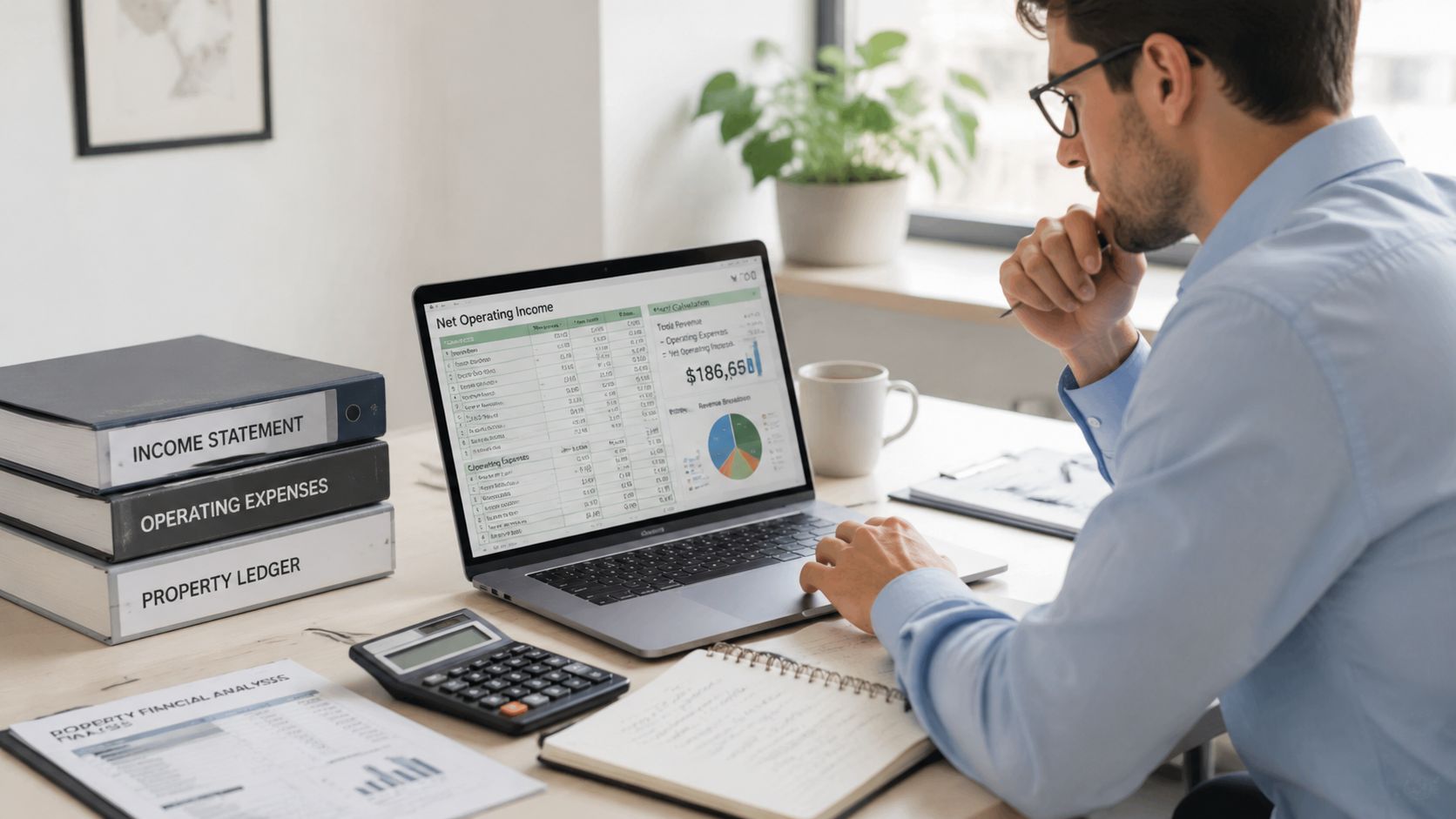 A professional analyzing financial data on a laptop with accounting binders and a calculator nearby.