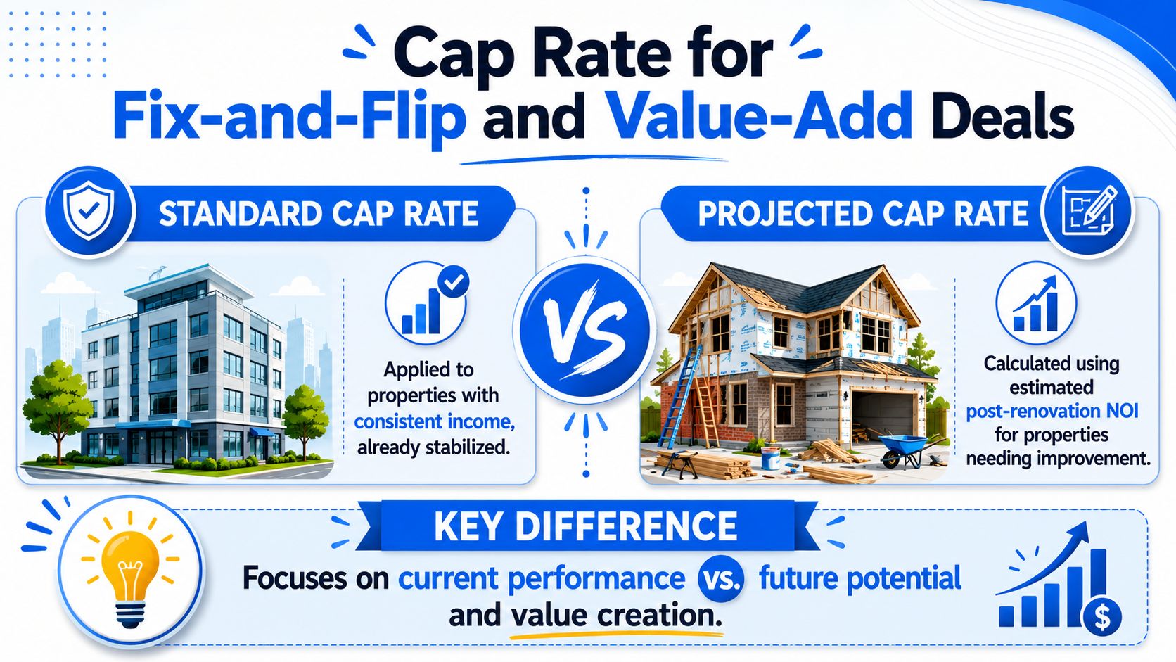 An infographic comparing standard cap rates for stabilized properties against projected cap rates for value-add renovation deals.