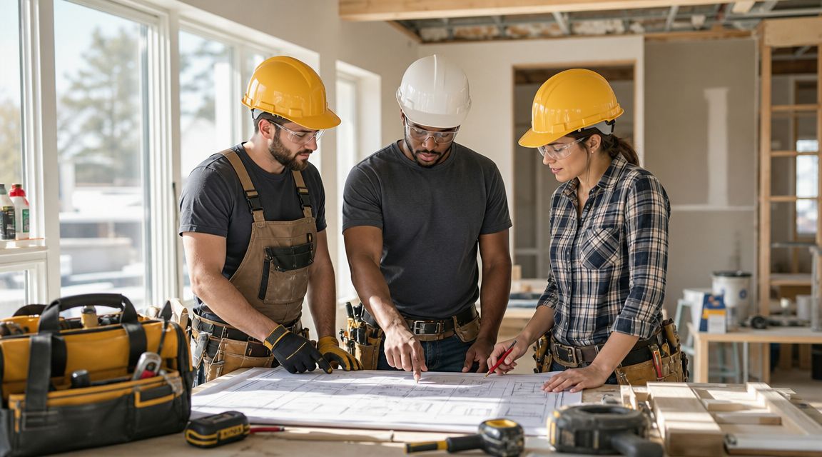 A diverse group of construction professionals reviewing architectural blueprints on a job site during house renovations.