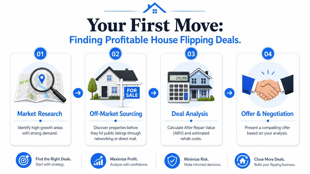 A four-step infographic illustrating the process of finding and securing profitable house flipping deals for investors.