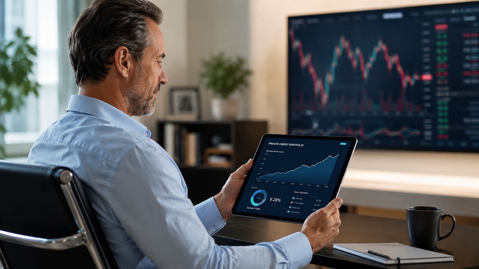 A professional man reviews a digital private credit portfolio dashboard on his tablet in a home office.