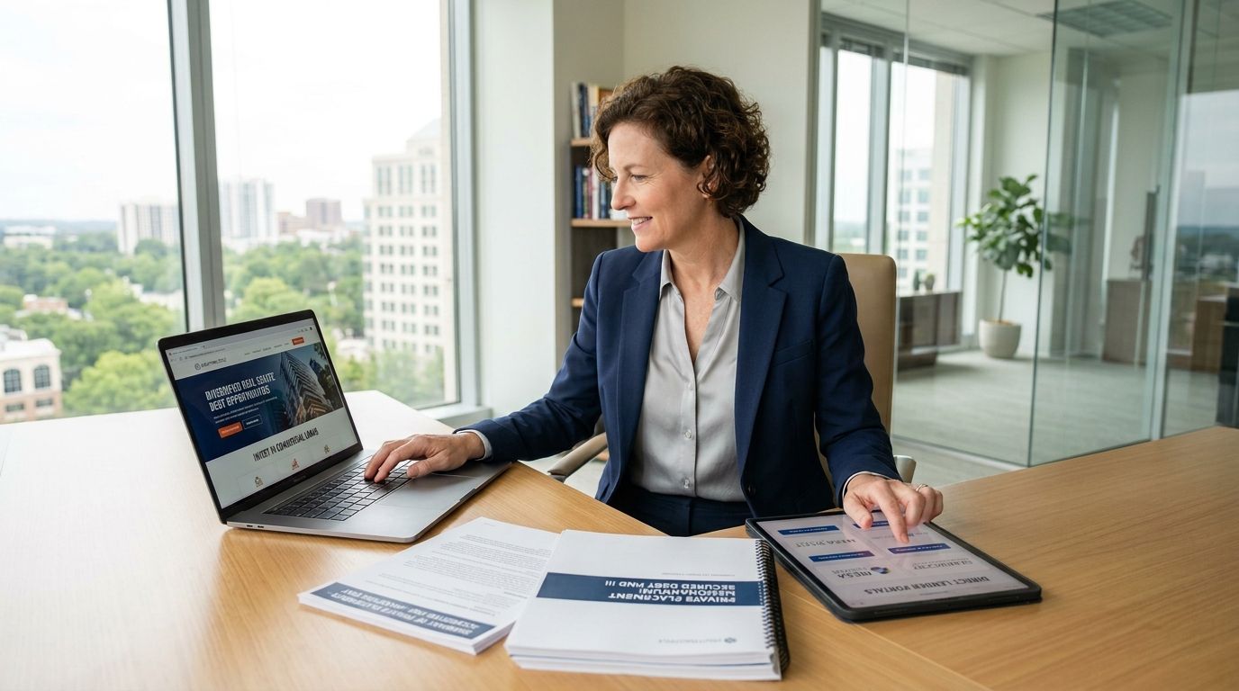 A professional woman in a suit working on a laptop and tablet in a modern office building.