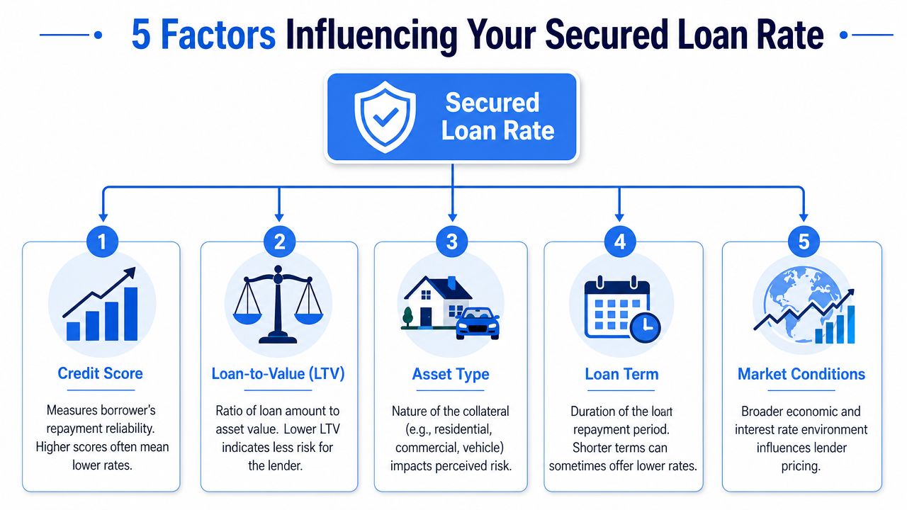 A diagram explaining the five key factors that influence interest rates for secured loans.