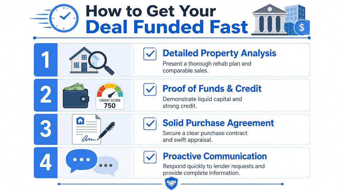 An infographic titled How to Get Your Deal Funded Fast showing four essential steps for real estate funding.