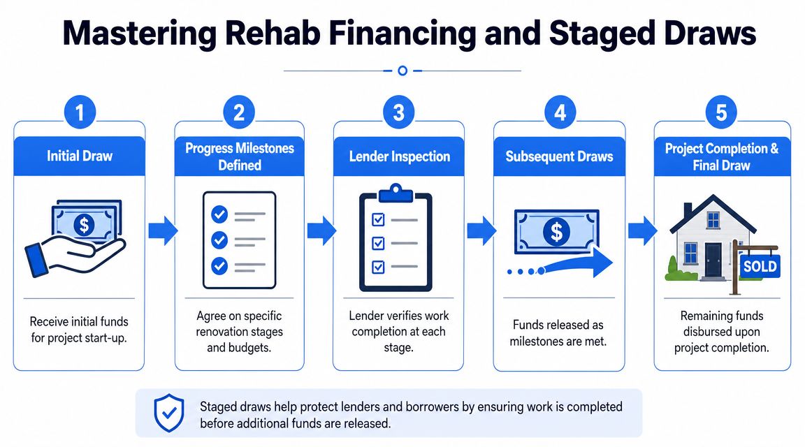 A five-step infographic showing the process of rehab financing and staged draws for renovation projects.