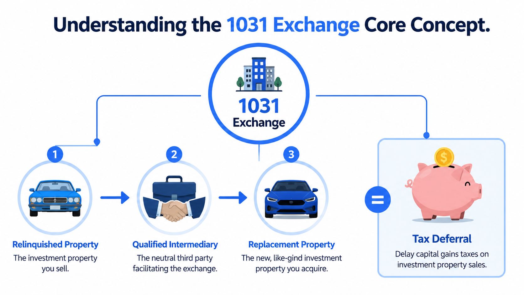 A diagram illustrating the three steps of a 1031 exchange process resulting in tax deferral.