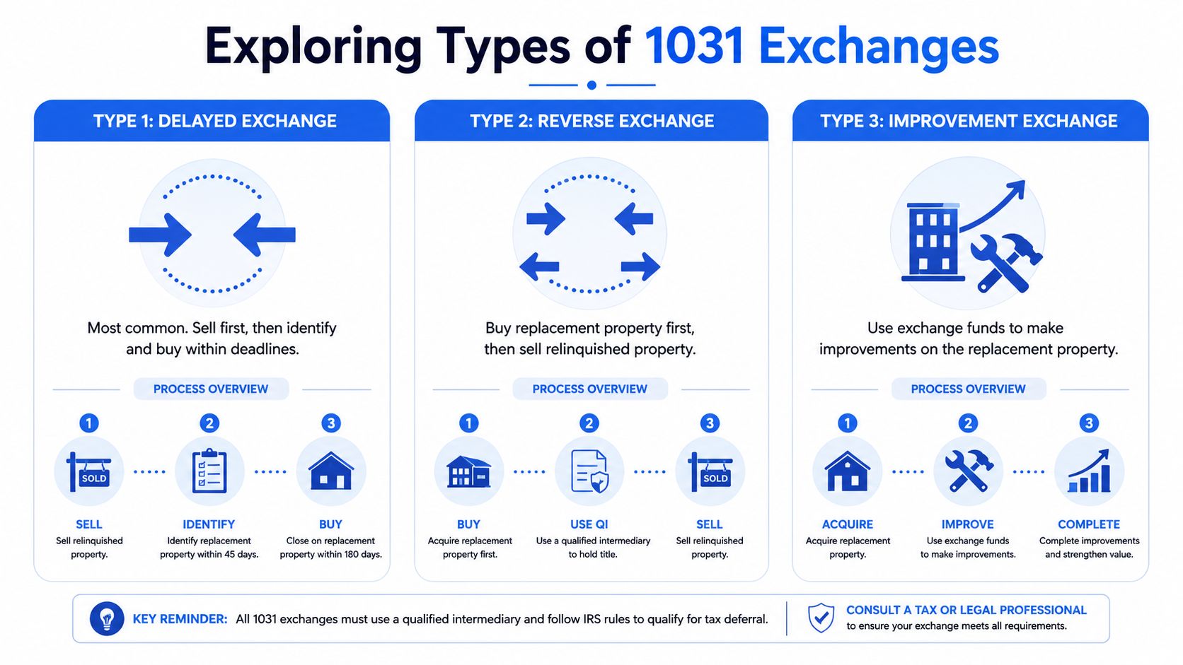 A visual guide illustrating the three main types of 1031 exchanges for property investors.