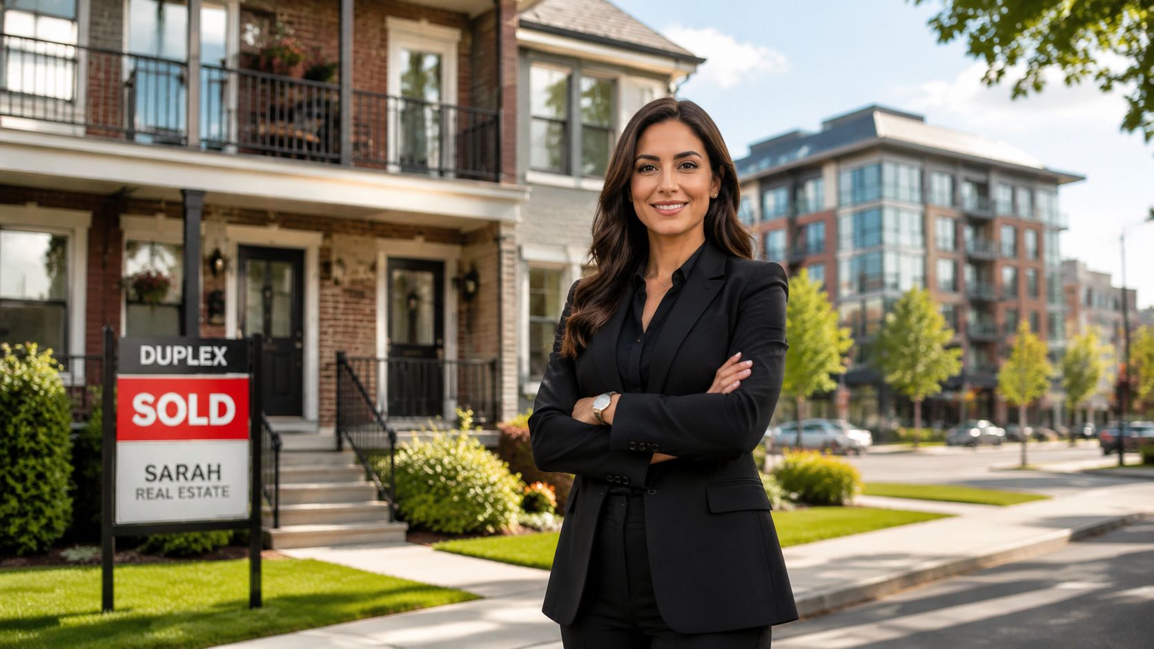 A professional real estate agent standing confidently in front of a recently sold duplex home outdoors.