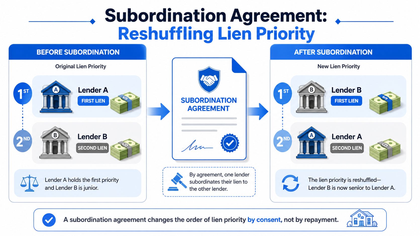 A diagram illustrating how a subordination agreement reshuffles lien priority between Lender A and Lender B.